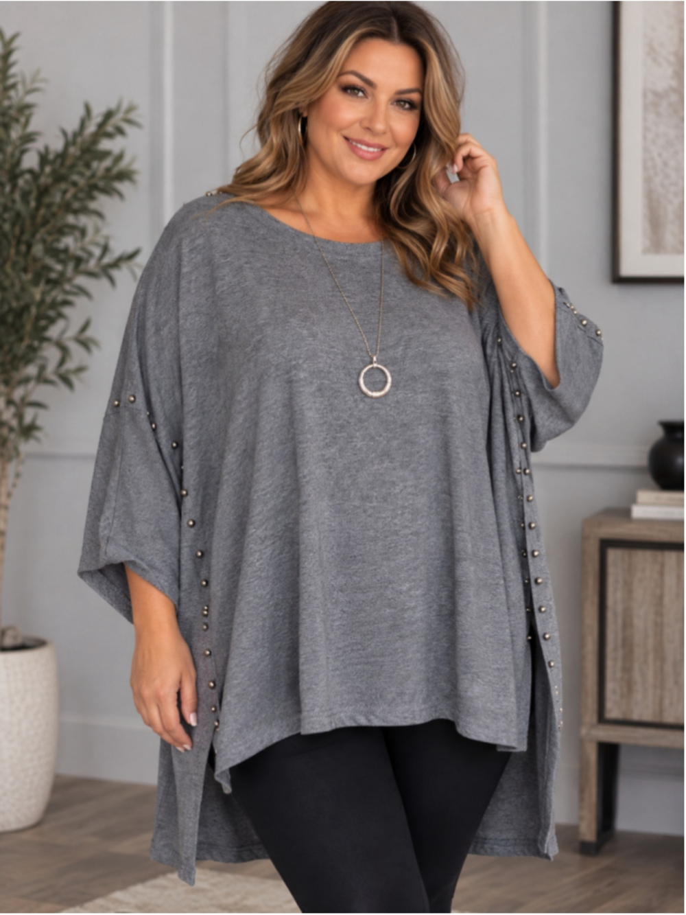 Women's Unbranded Studded Tunic Top Grey Size XL